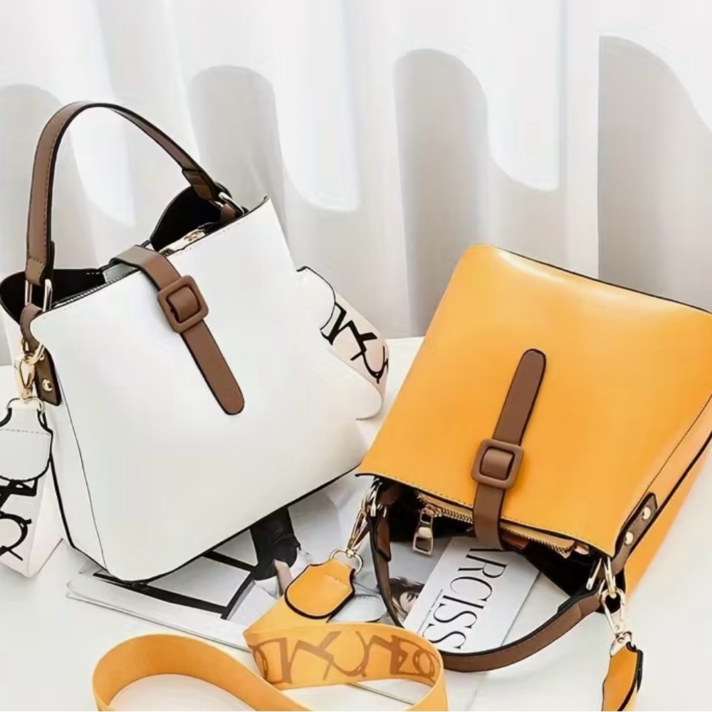 White with Brown Accented Crossbody Bucket Handbag NIP - Picture 2 of 10